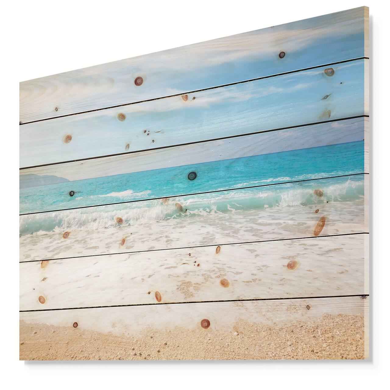 Designart - White Waves Kissing Beach Sand - Seashore Print on Natural Pine Wood